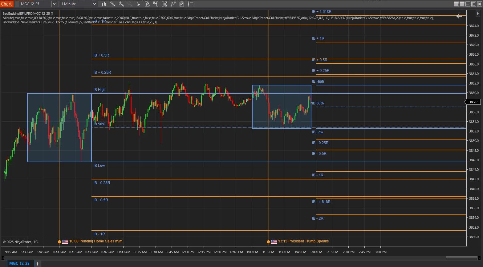 BadBuddha's Initial Balance + Fibs indicator on a NinjaTrader 8 chart