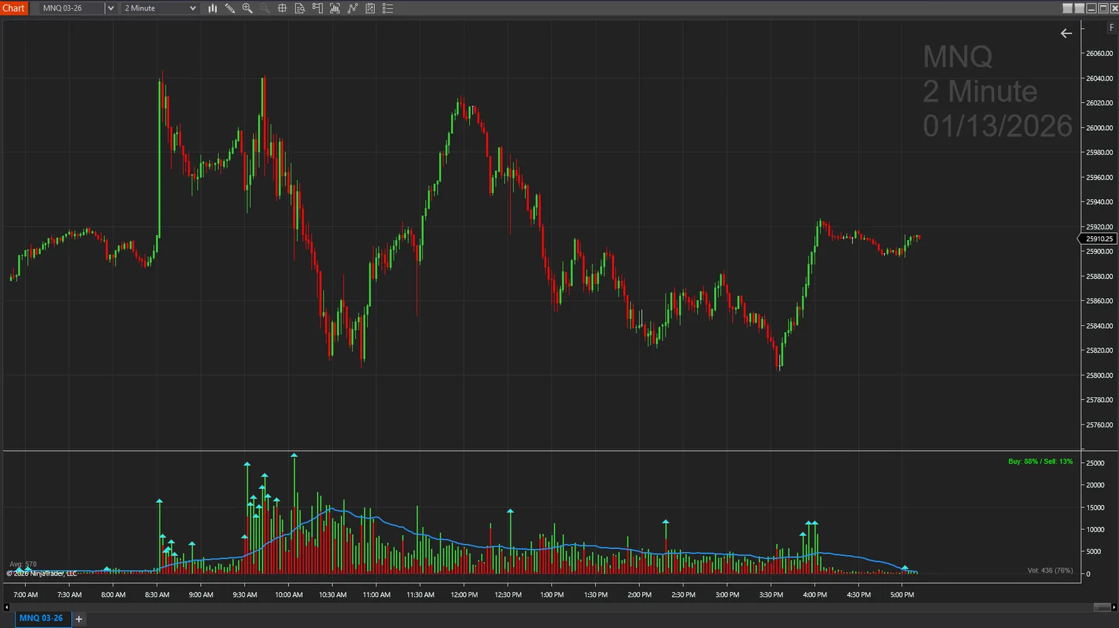 Buying Selling Volume indicator on a NinjaTrader 8 chart