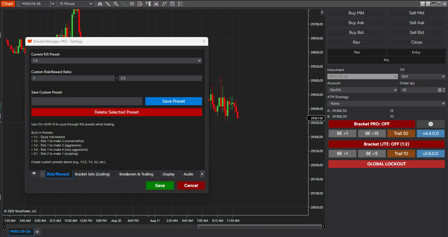 The Drag-Drop Bracket Manager PRO settings window on the Risk/Reward tab, showing the built-in 1:1, 1:2, 1:3, 1:4 and 2:1 presets and a custom 1:2.5 ratio — screenshot 2