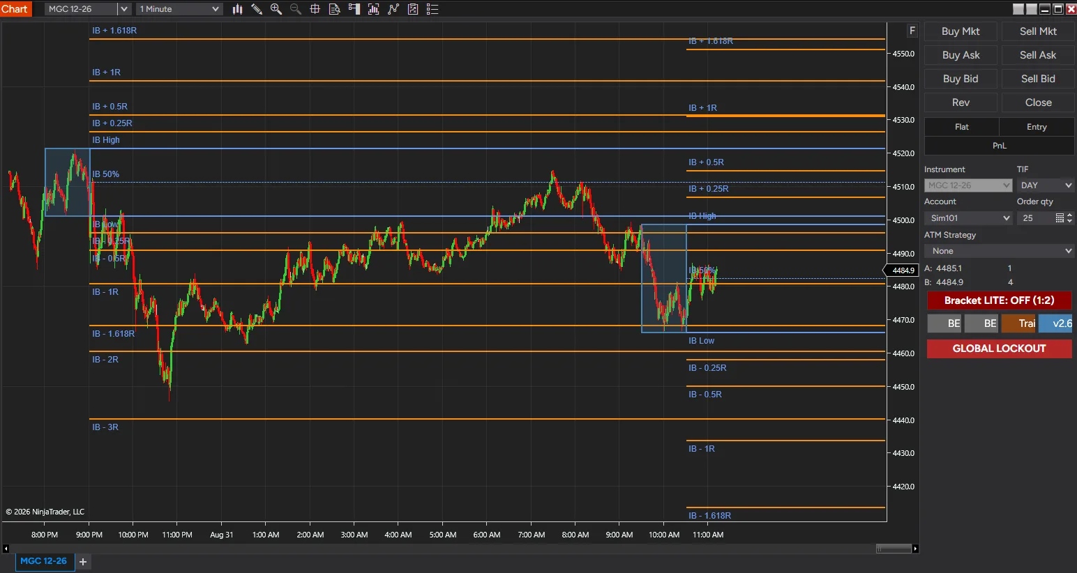 IBFib Pro carrying a separate Initial Balance and level set across an overnight session into the next trading day — screenshot 3
