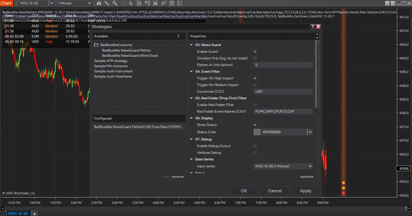 The NinjaTrader 8 Strategies dialog with BadBuddha NewsGuard Flatten and Wind Down listed under BadBuddhaCustoms, and the Flatten guard’s properties showing a five-minute deadline, a USD high-impact event filter and the red folder prop-firm keyword list