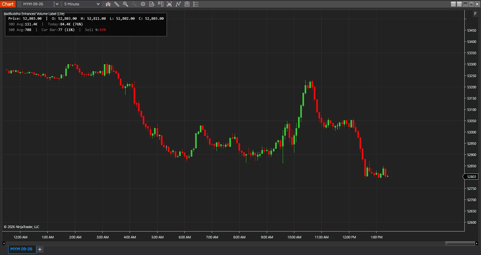 The Volume Stats Label panel on a five-minute NinjaTrader 8 Dow chart, showing today at 76% of the 30-day average and an 89% sell share flagged in red