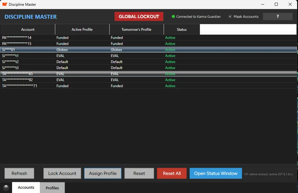 Discipline Master account table with the GLOBAL LOCKOUT button in the toolbar, showing per-account status connected to Karma Guardian