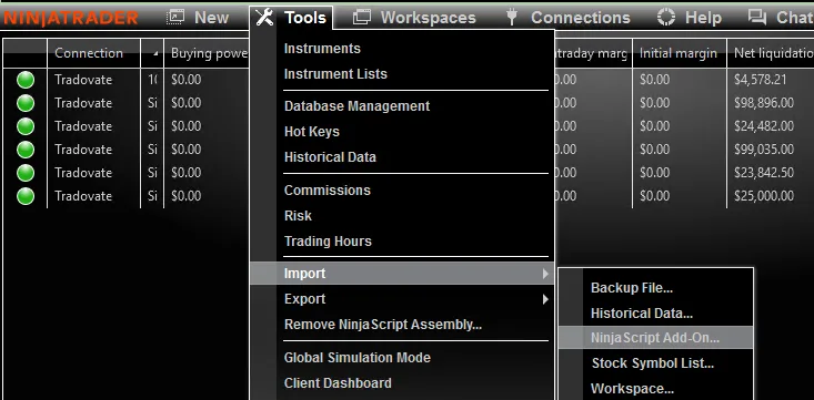 Tools menu with Import highlighted
