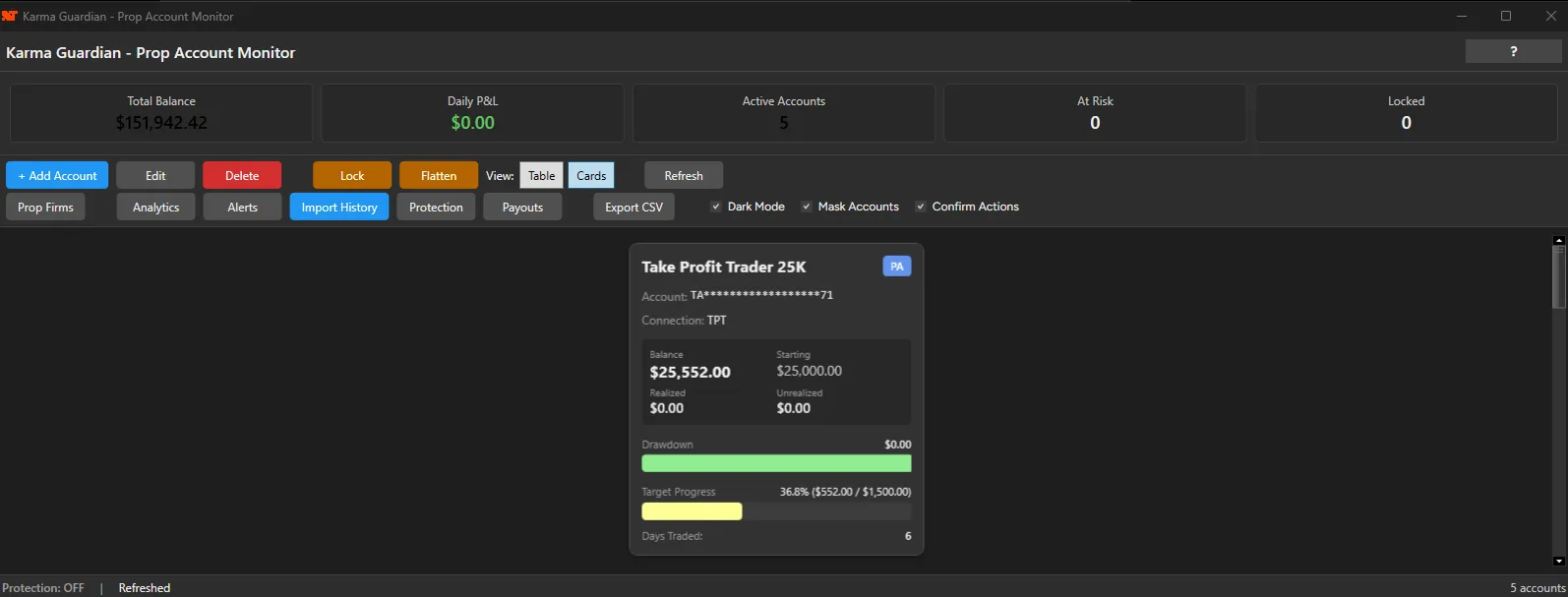 Karma Guardian card view for one prop-firm account, showing balance, drawdown, and target progress bars
