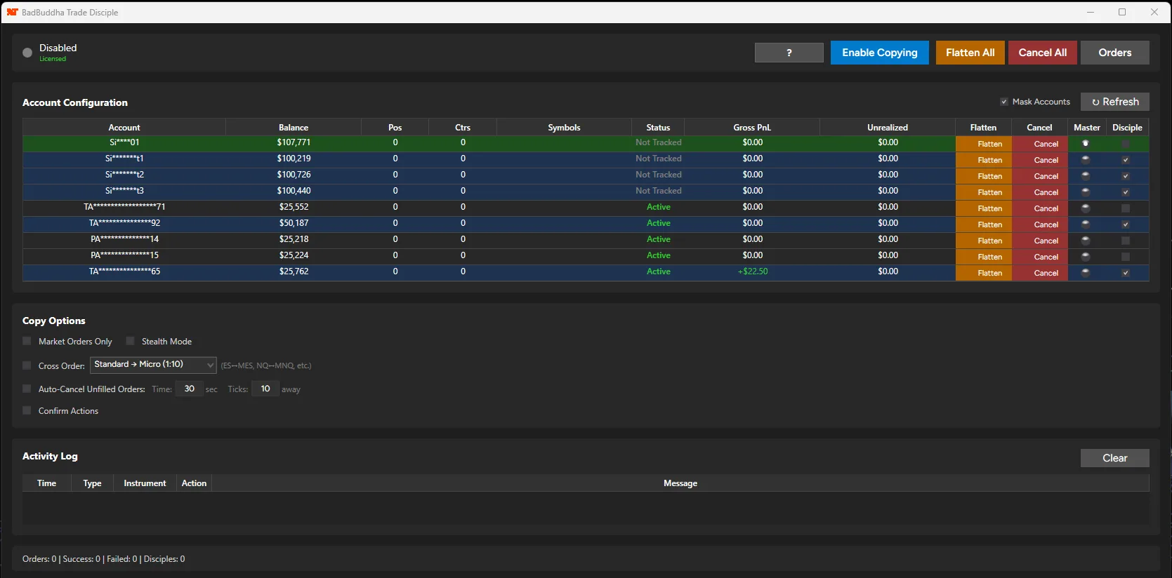 Trade Disciple account configuration table listing master and disciple accounts with per-account Flatten and Cancel controls