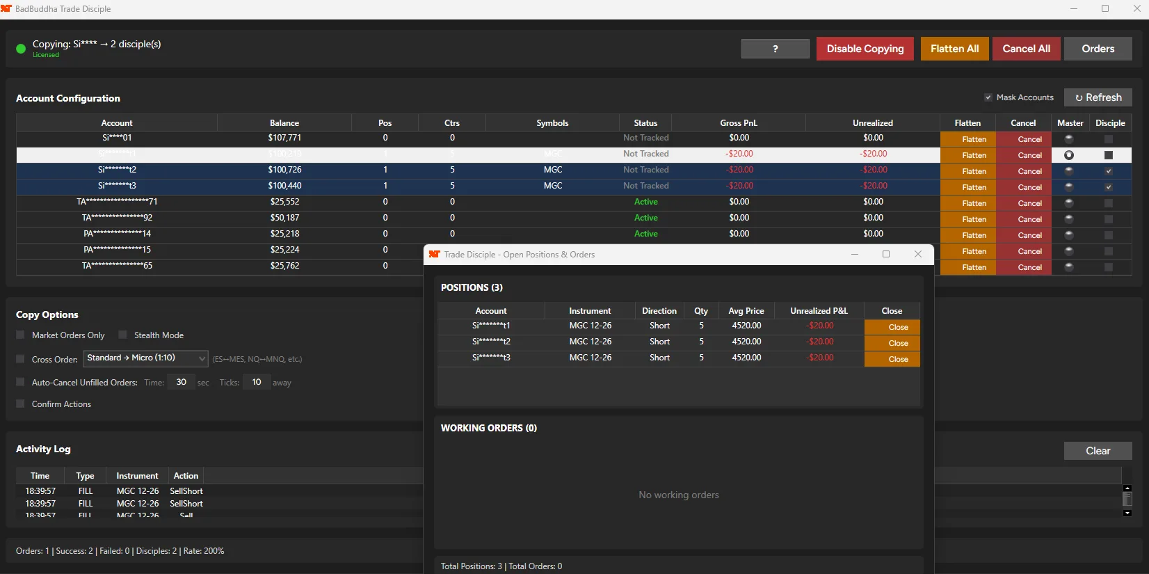 Trade Disciple Open Positions & Orders dashboard showing three disciple accounts' short MGC positions with one-click close