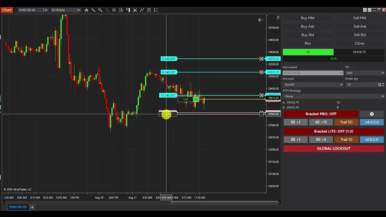 Drag-Drop Bracket Manager PRO placing a bracket order on a NinjaTrader 8 chart — play the 25-second demo